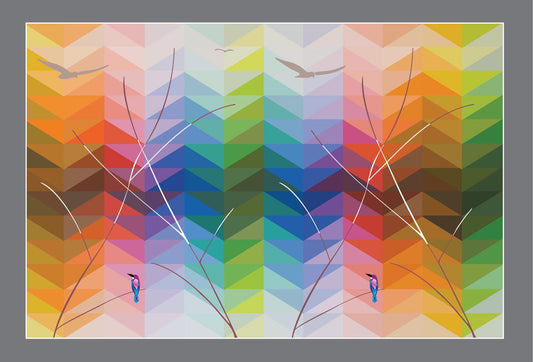 Avian Symphony: Branches and Birds in Colorful Choreography - Stereo Art Prints