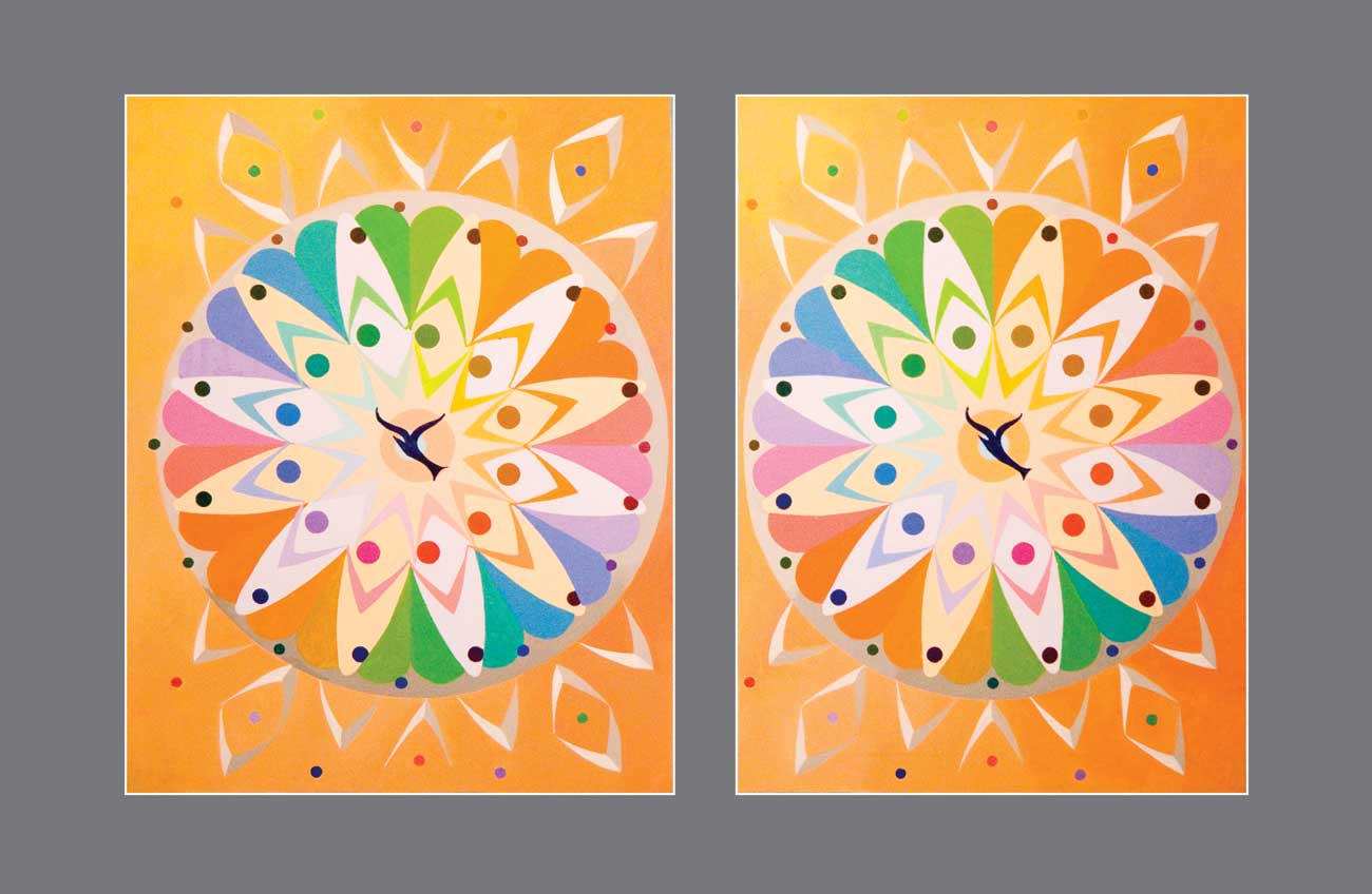 Eternal Mandala: Round Kaleidoscope Spirals of Warm Tones Across Dimensions - Stereo Art Prints