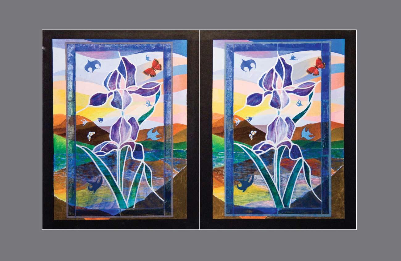 Fluttering Harmony: Iris Wings Through Stained Glass - Stereo Art Prints