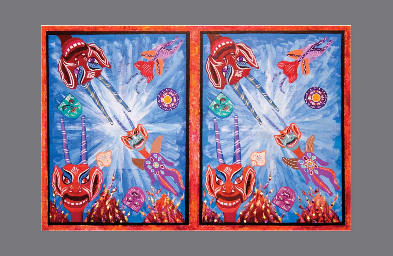 Inferno Fiesta: Red Devils Dancing on a Blue Blaze - Stereo Art Prints